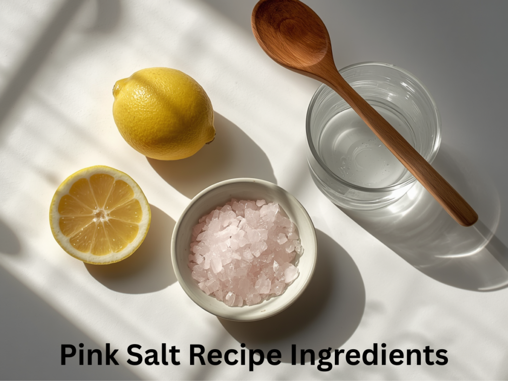 Pink Himalayan salt with lemon and warm water ingredients for morning hydration drink